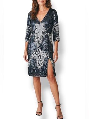 Vintage SCALA Silk Beaded Sequin Midi Dress Art Deco Floral Black Glam Evening M